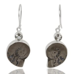 Sterling silver ammonite fossil earrings with crystal accents, nature-inspired jewelry piece main view