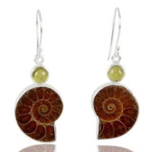 Sterling silver ammonite fossil earrings with peridot gemstone accents main view