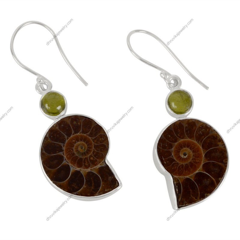 Sterling silver ammonite fossil earrings with peridot gemstone accents alternate image