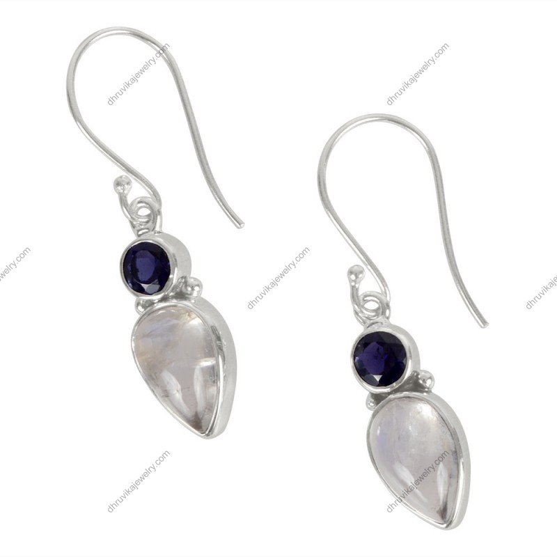 Iolite and Rainbow Moonstone dangle earrings in sterling silver, handcrafted gemstone jewelry alternate image