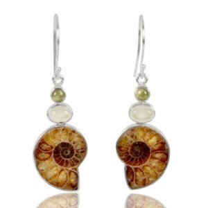 Sterling silver Ammonite fossil earrings with gemstone accents, unique handcrafted jewelry. main view