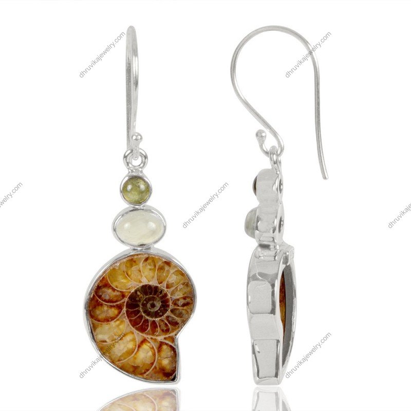 Sterling silver Ammonite fossil earrings with gemstone accents, unique handcrafted jewelry. view1