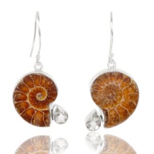 Ammonite & Green Amethyst earrings in sterling silver with teardrop gemstone main view