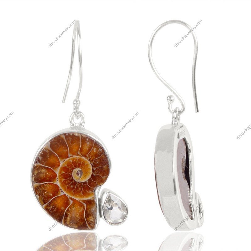 Ammonite & Green Amethyst earrings in sterling silver with teardrop gemstone view1