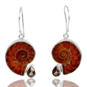 Sterling silver ammonite fossil earrings with smoky quartz teardrop accents main view