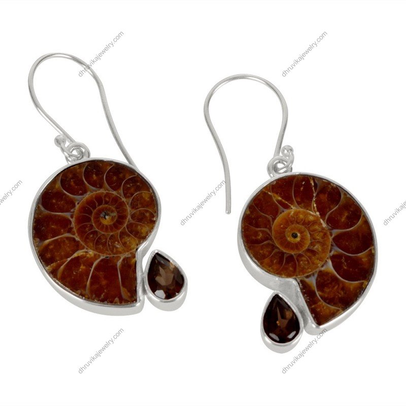 Sterling silver ammonite fossil earrings with smoky quartz teardrop accents alternate image