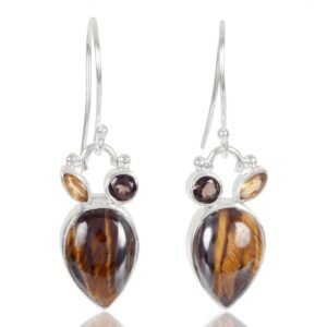 Sterling silver tiger’s eye dangle earrings with smoky quartz in handcrafted design main view