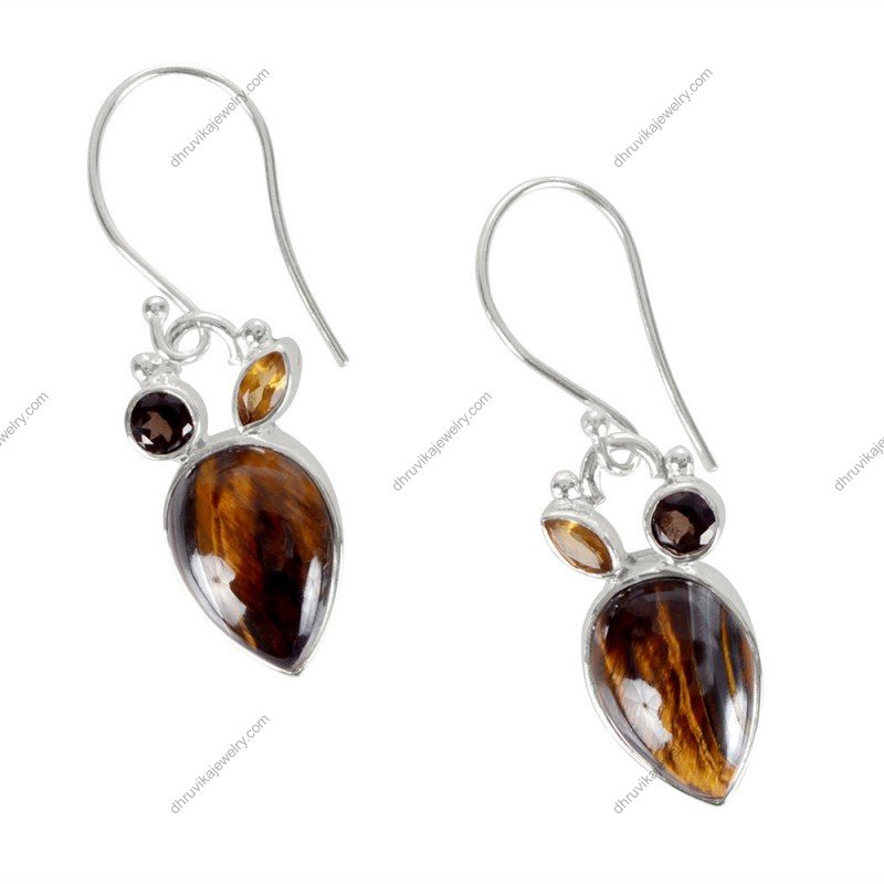 Sterling silver tiger’s eye dangle earrings with smoky quartz in handcrafted design alternate image