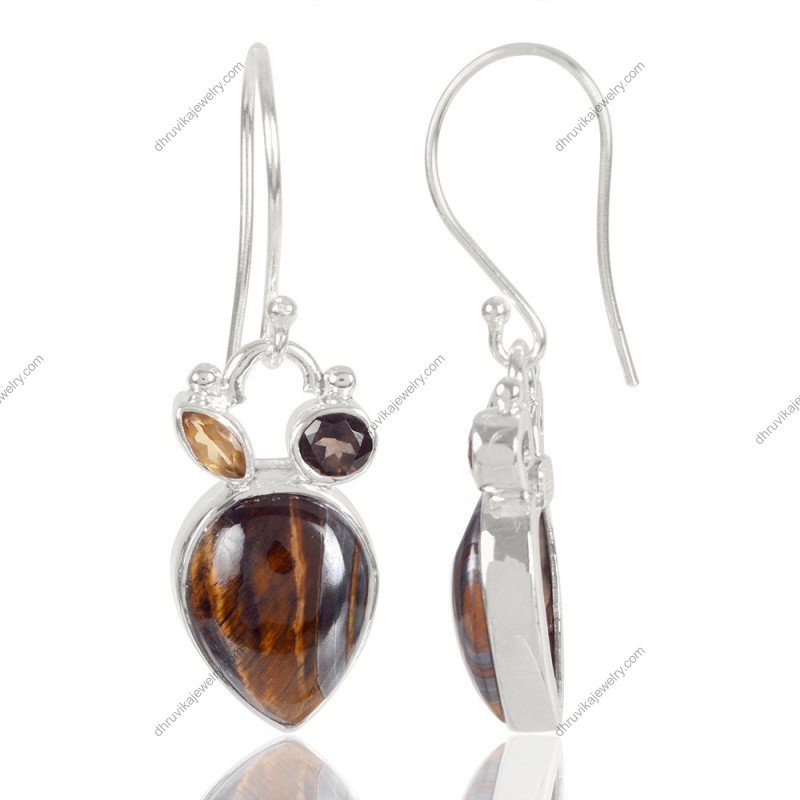 Sterling silver tiger’s eye dangle earrings with smoky quartz in handcrafted design view1