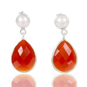 Sterling silver carnelian and pearl dangle earrings with teardrop design main view