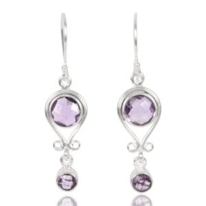 Elegant silver amethyst dangle earrings with faceted gemstones in sterling silver setting main view