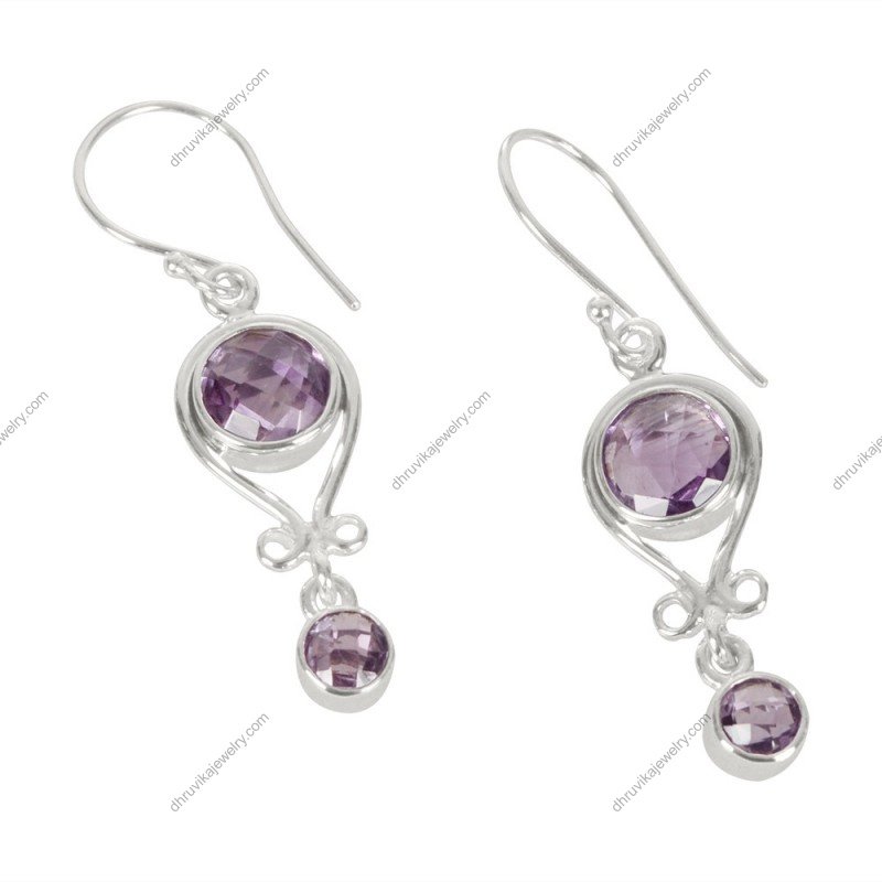 Elegant silver amethyst dangle earrings with faceted gemstones in sterling silver setting alternate image