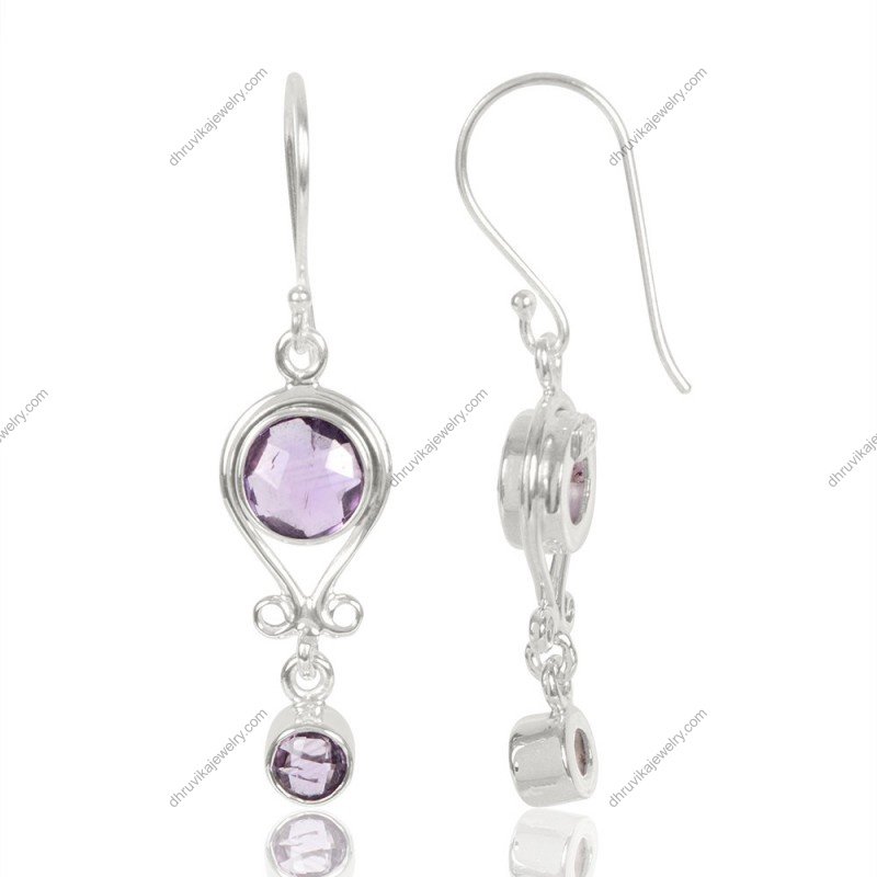 Elegant silver amethyst dangle earrings with faceted gemstones in sterling silver setting view1