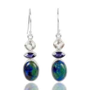 Sterling silver azurite dangle earrings with white topaz and iolite gemstones main view