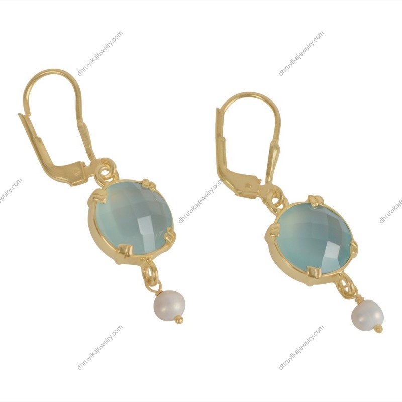 Silver drop earrings with chalcedony and pearl accents in an elegant design alternate image