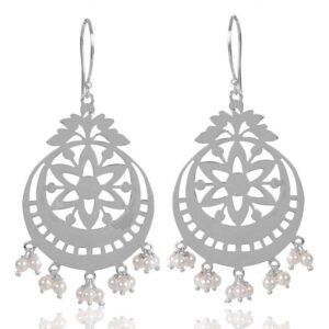 Silver chandelier earrings with intricate floral cutout design and pearl drop accents for an elegant look. main view