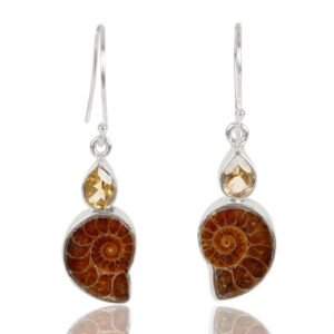 Sterling silver ammonite fossil earrings with citrine gemstones, nature-inspired boho jewelry. main view