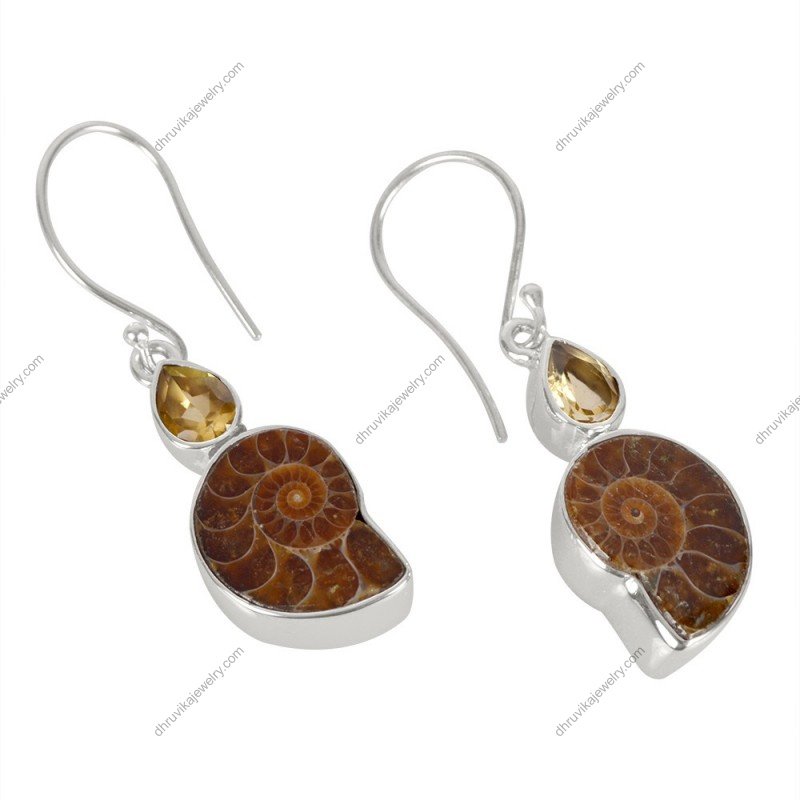 Sterling silver ammonite fossil earrings with citrine gemstones, nature-inspired boho jewelry. alternate image