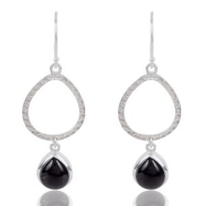 Elegant silver dangle earrings with black onyx gemstone, handcrafted sterling silver jewelry main view