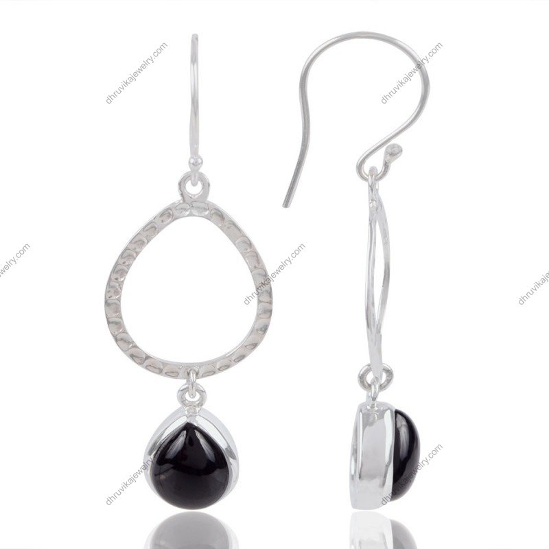 Elegant silver dangle earrings with black onyx gemstone, handcrafted sterling silver jewelry view1