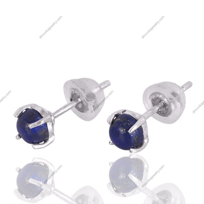 Sterling silver lapis lazuli stud earrings with deep blue gemstone set in a classic prong setting. alternate image