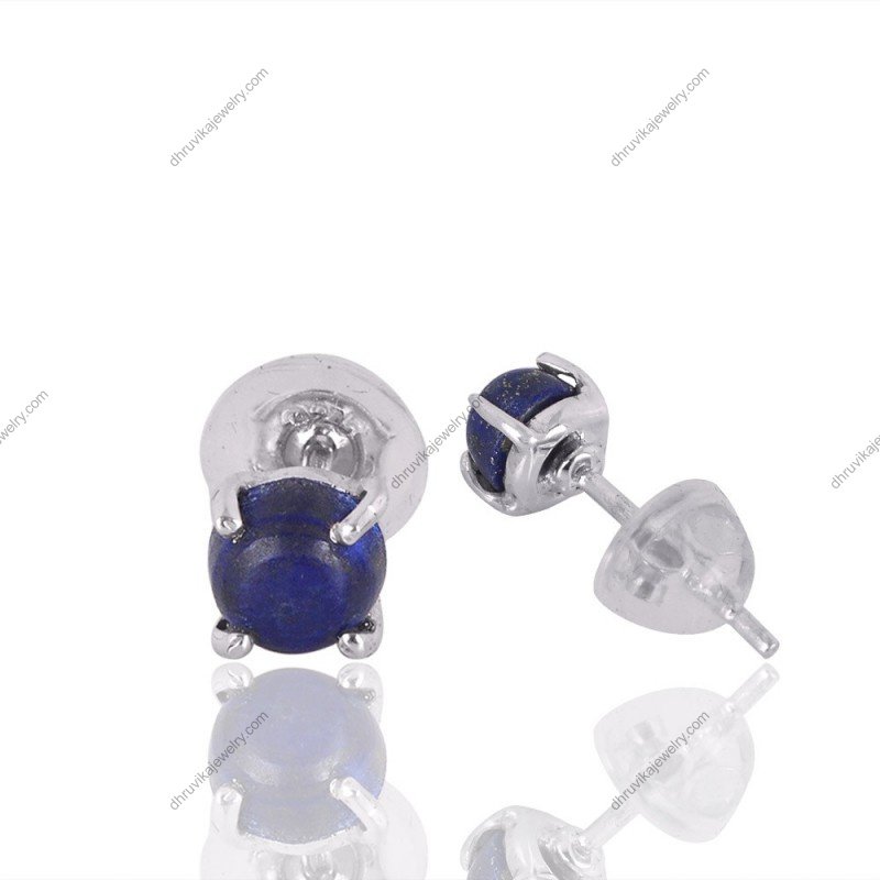Sterling silver lapis lazuli stud earrings with deep blue gemstone set in a classic prong setting. view1