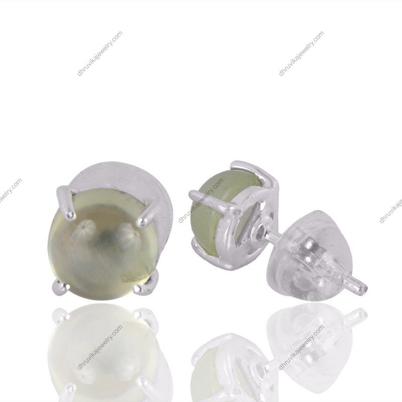 Prehnite stud earrings in sterling silver with soft green gemstone glow view1