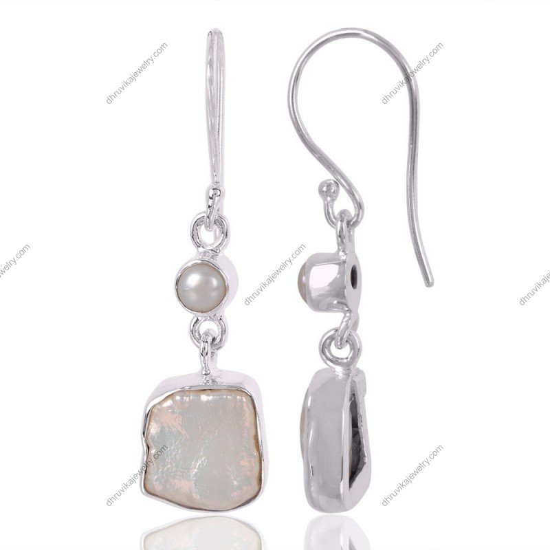 Silver pearl drop earrings with mother-of-pearl accents in sterling silver view1