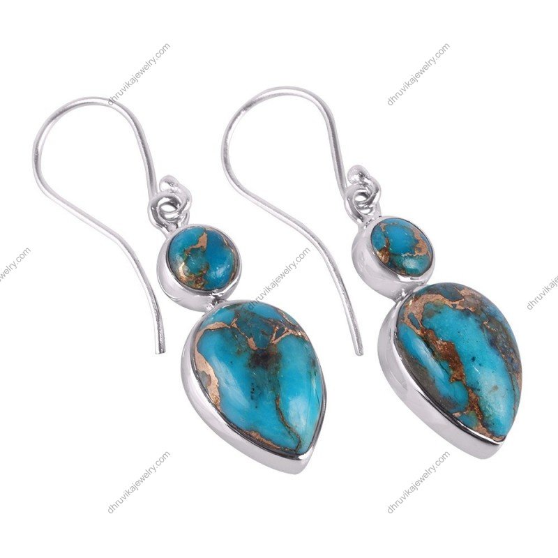 Sterling silver turquoise drop earrings with gold veined stones in a handcrafted design alternate image