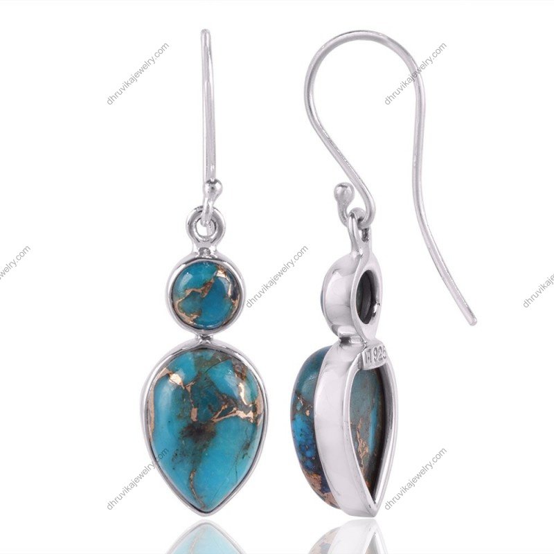Sterling silver turquoise drop earrings with gold veined stones in a handcrafted design view1