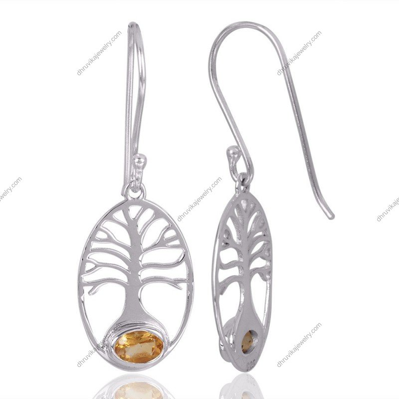 Sterling silver Tree of Life earrings with citrine gemstones, symbolic and elegant view1