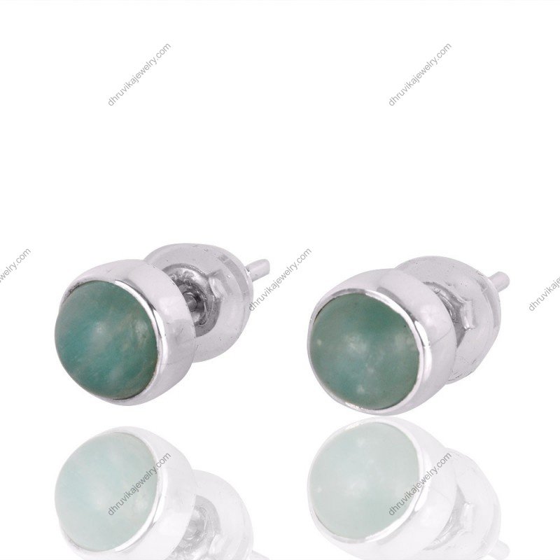Silver amazonite stud earrings with sterling silver bezel setting, elegant everyday jewelry. alternate image