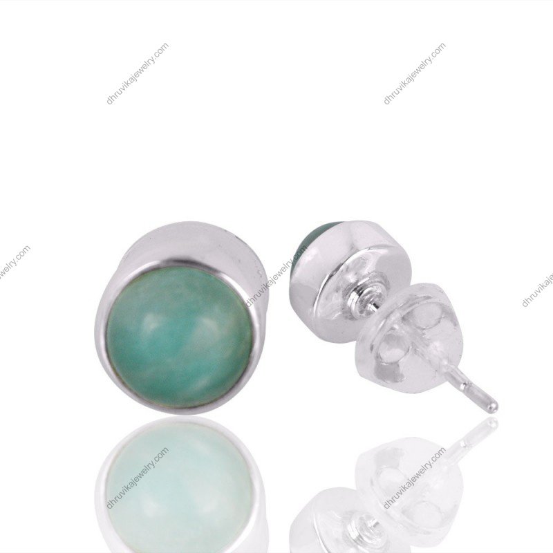 Silver amazonite stud earrings with sterling silver bezel setting, elegant everyday jewelry. view1