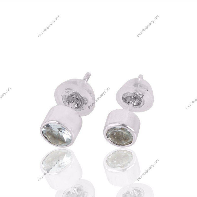 Aquamarine stud earrings in sterling silver bezel setting, round-cut blue gemstones alternate image