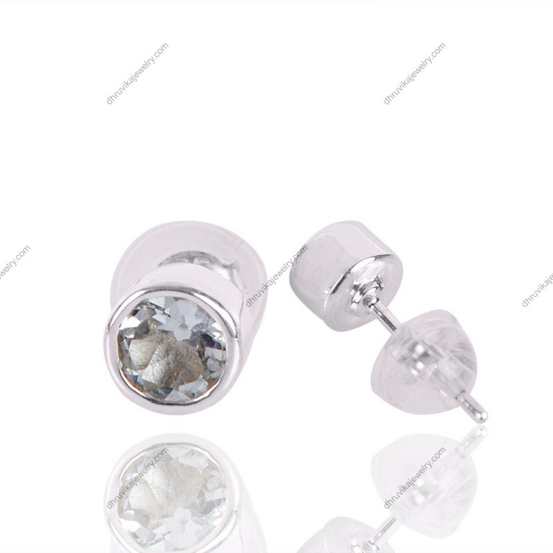 Aquamarine stud earrings in sterling silver bezel setting, round-cut blue gemstones view1