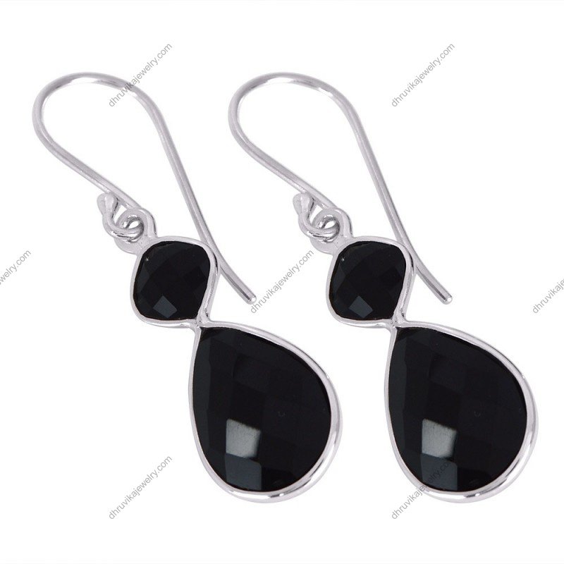 Silver drop earrings with faceted black onyx gemstones in sterling silver setting alternate image