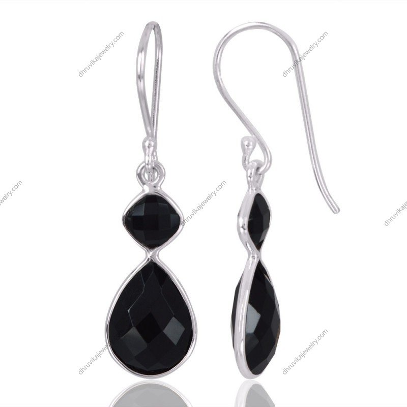 Silver drop earrings with faceted black onyx gemstones in sterling silver setting view1