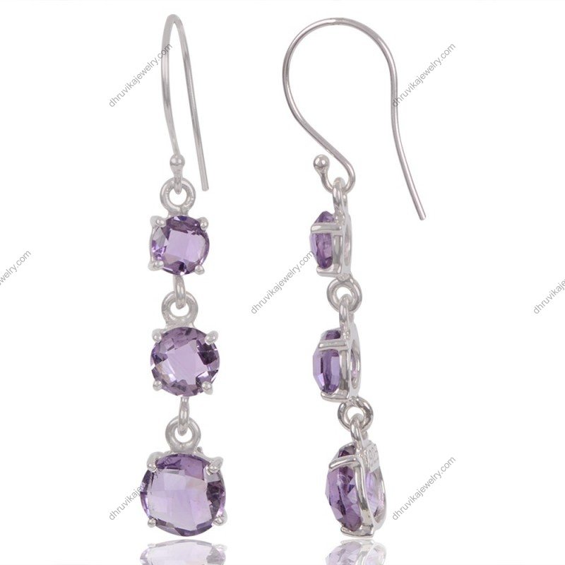 Elegant silver amethyst dangle earrings with faceted gemstones in sterling silver setting view1