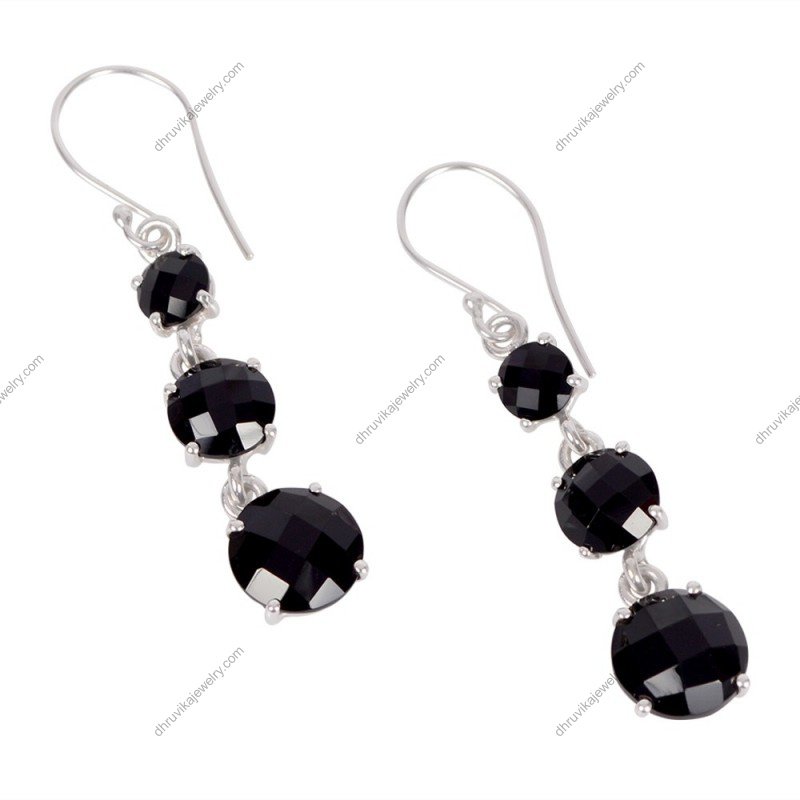 Sterling silver black onyx dangle earrings with faceted gemstones alternate image