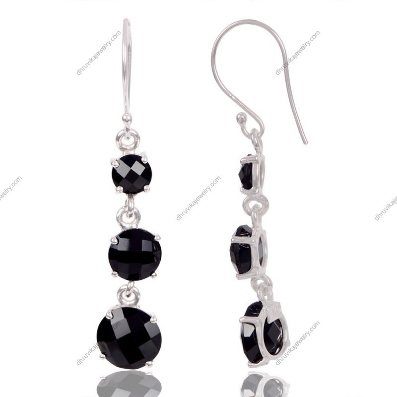 Sterling silver black onyx dangle earrings with faceted gemstones view1
