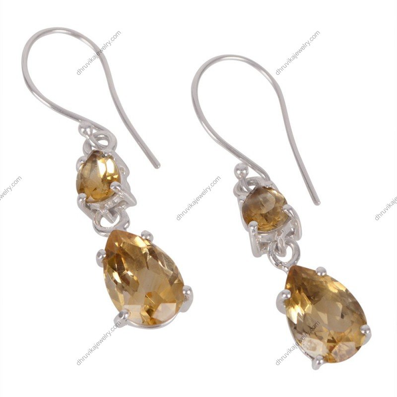 Elegant silver citrine drop earrings with pear-shaped gemstones in sterling silver setting alternate image