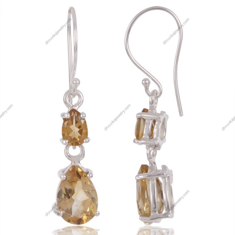 Elegant silver citrine drop earrings with pear-shaped gemstones in sterling silver setting view1