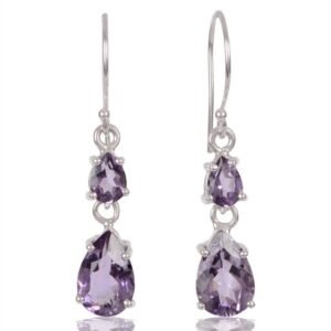 Sterling silver amethyst drop earrings with pear-shaped gemstones, elegant dangle design main view