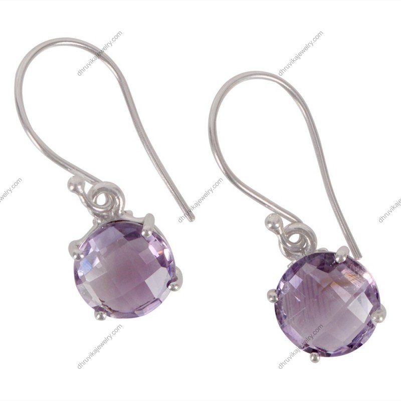 Sterling silver amethyst drop earrings with faceted round-cut gemstones alternate image