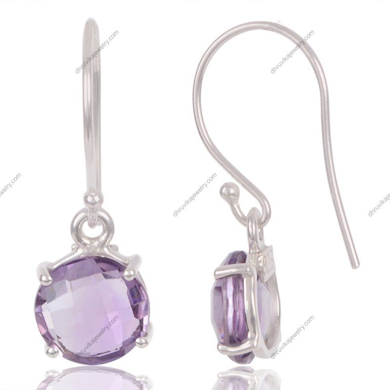 Sterling silver amethyst drop earrings with faceted round-cut gemstones view1