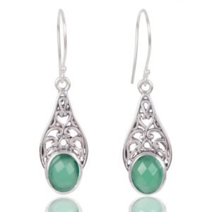 Sterling silver filigree earrings with green Onyx gemstones, vintage-inspired handcrafted jewelry main view