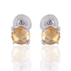 Silver citrine stud earrings featuring round citrine gemstones in sterling silver setting main view