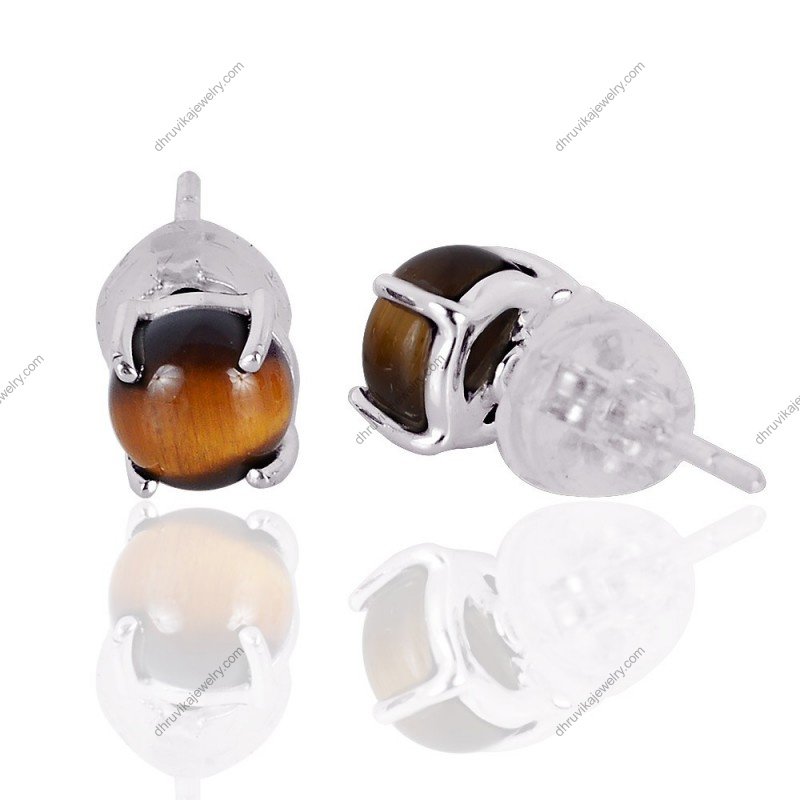 Silver tiger’s eye stud earrings with sterling silver prong setting alternate image