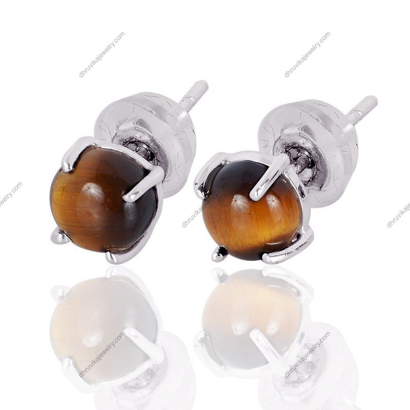 Silver tiger’s eye stud earrings with sterling silver prong setting view1