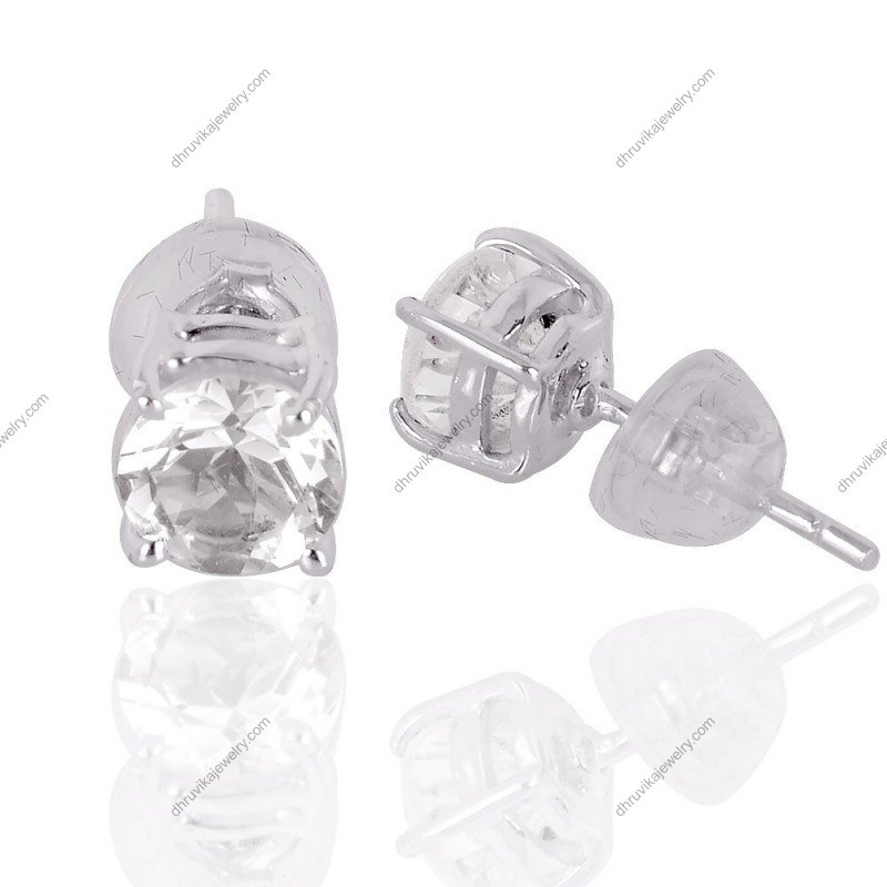 Elegant silver stud earrings with round cubic zirconia stones set in sterling silver alternate image